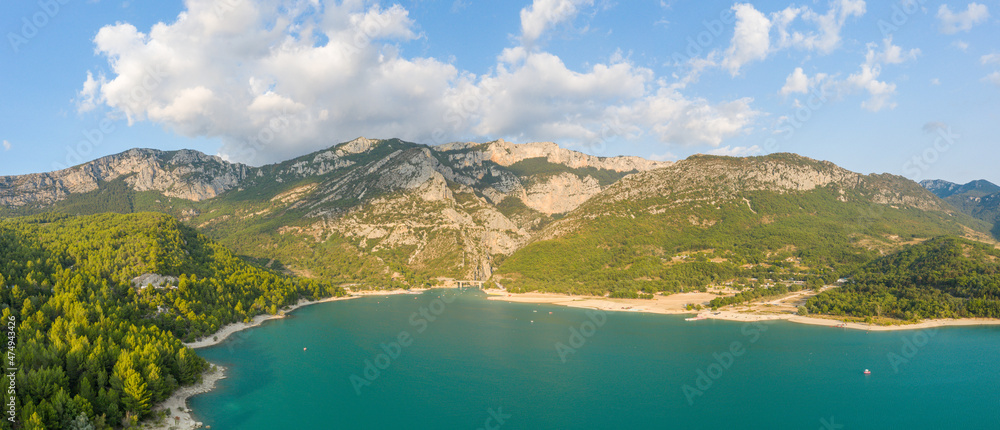 The panoramic view of Lake Sainte-Croix in Europe, France, Provence Alpes Cote dAzur, Var, in summer, on a sunny day. The panoramic view of Lake Sainte-Croix in Europe, France, Provence Alpes Cote dAzur, Var, in summer, on a sunny day.