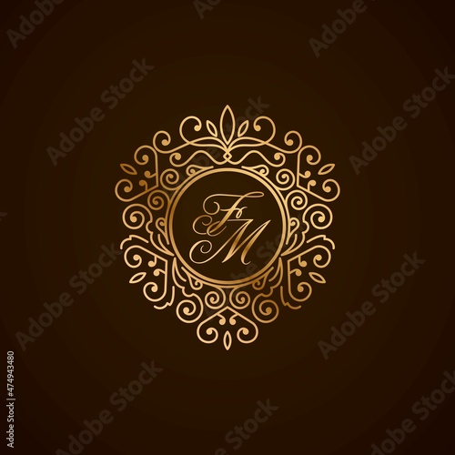 FM initial letter luxury monogram logo, elegant ornamen jewelry, emblem of love shape heart