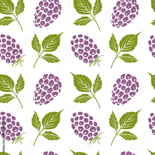 Seamless pattern with blackberries. Colorful paper cut collection of wild and garden berries and leaves in  style isolated on white background. Doodle hand drawn vector illustration