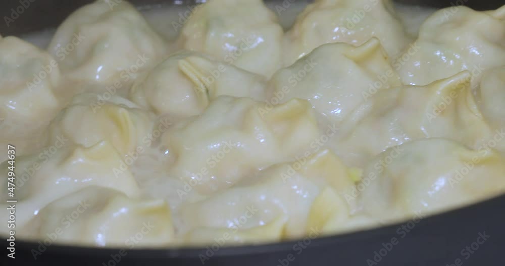 Fried dumplings are being cooked in the hot frying pan Fried dumplings are being cooked in the hot frying pan