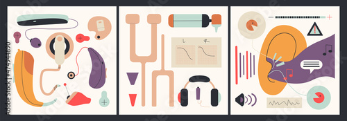 Set of special devices for people with hearing impairments. Hearing aids, batteries, earmolds and etc. Trendy vector illustrations.