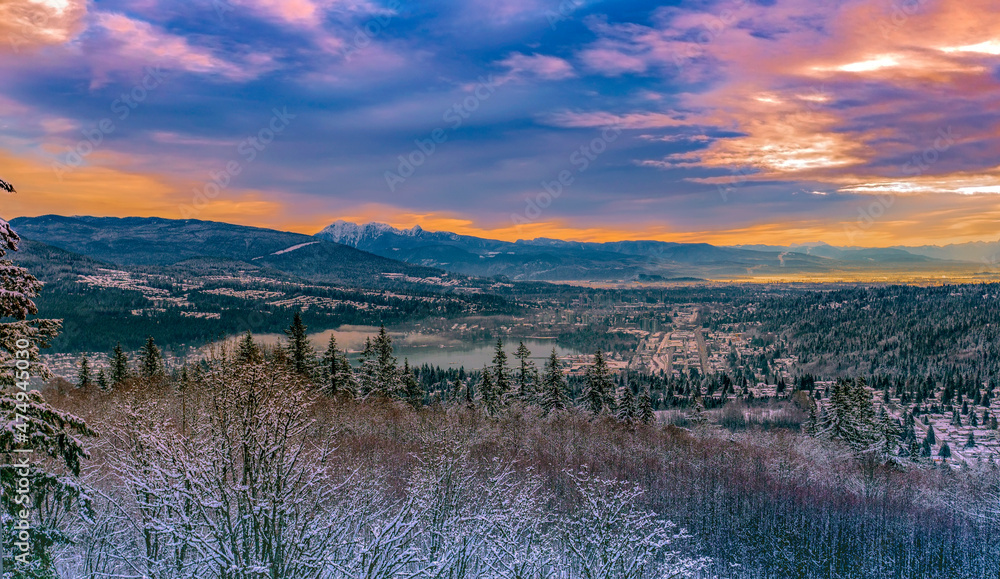Winter sunrise over valley with snow kissed trees in foreground and alpine mountains on horizon.