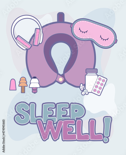 Sleep well vector poster. Illustration items vector set isolated for good sleep in plane travel. Good night cartoon concept poster against sleep disorder insomnia depression. Self helping illustration