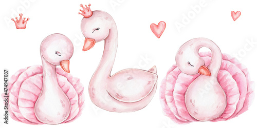 Set with three cute swans, heart and crown; watercolor hand drawn illustration; with white isolated background photo