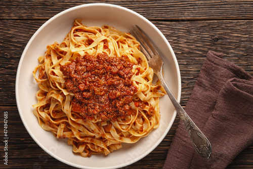 Close-up plate of pasta tagliatelle with BOLOGNESE SAUCE