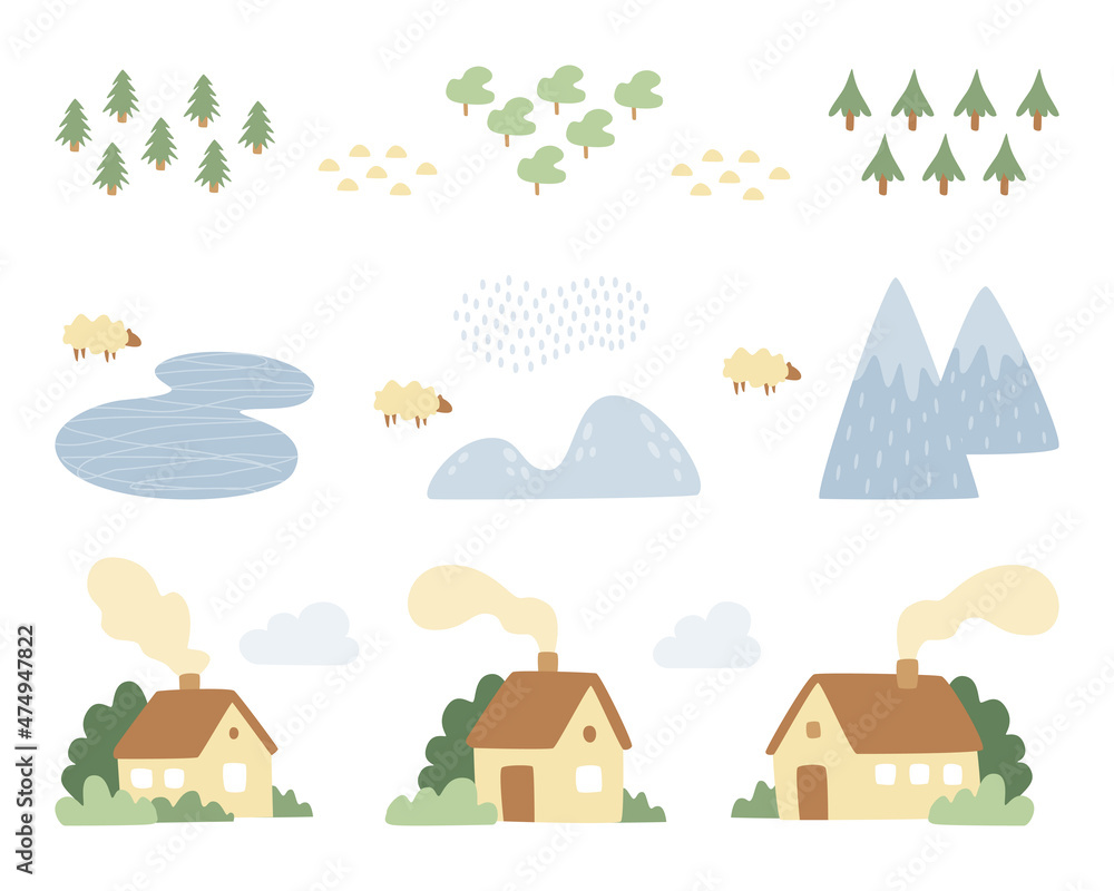 Vector set of cute houses, mountains, clouds, lakes, trees and sheep in scandinavian style. Hand drawn landscape elements for your design isolated on white background. Vector set of cute houses, mountains, clouds, lakes, trees and sheep in scandinavian style. Hand drawn landscape elements for your design isolated on white background.