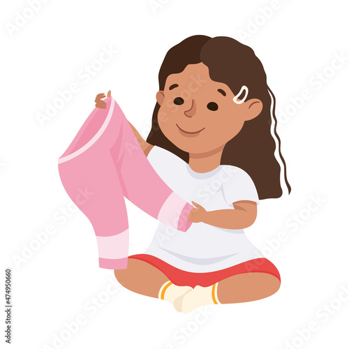 Little Girl Changing Her Clothes Putting on Trousers Vector Illustration