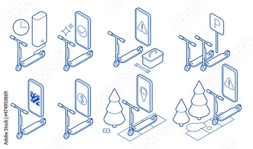 Isometric Electric Scooter Illustrations Set