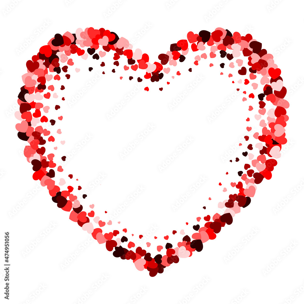 Frame of red confetti hearts in the shape of a heart. Abstract background for Weddings or Mother's Day. Vector illustration