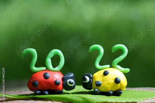 Figurines of two ladybirds made of plasticine. At the top is the calendar date 2022.