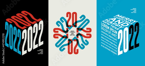 2022 Colorful set of Happy New Year posters. Abstract design with typography style. Vector logo 2022 for celebration and season decoration, backgrounds for branding, banner, cover, card and more.
