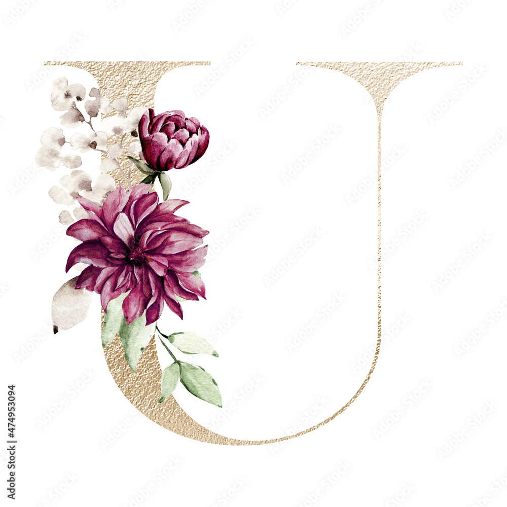 Alphabet, gold letter u with watercolor flowers and leaf. Golden ...
