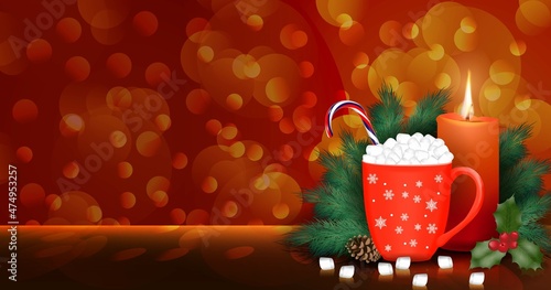 Rectangular banner with candle, pine branches, mistletoe, cup with marshmallows, creamy candy. Bokeh golden background. Christmas and new year's template for social media. Vector illustration