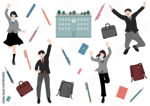 学校と文房具などの用品と、ジャンプして喜びを表現している学生たち（表情あり）