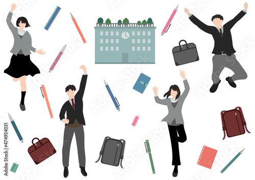 学校と文房具などの用品と、ジャンプして喜びを表現している学生たち