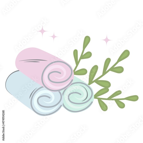 Three multi-colored delicate towels with green branches. Sauna accessories. Rolls of soft terry towels. Hotel textiles. Luxurious soft bath linen. Isolated flat vector set for bath, home spa. Minimum.