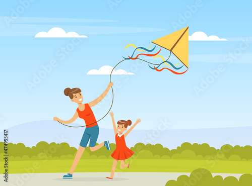 Mother with Her Daughter Flying Kite Playing Outdoor Vector Illustration