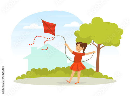 Little Girl Flying Kite Holding It by String Playing Outdoor Vector Illustration