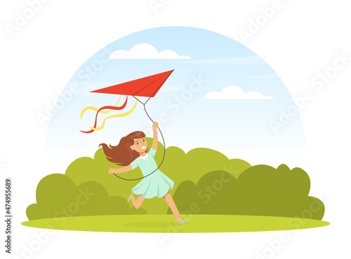 Little Girl Flying Kite Holding It by String Playing Outdoor Vector Illustration