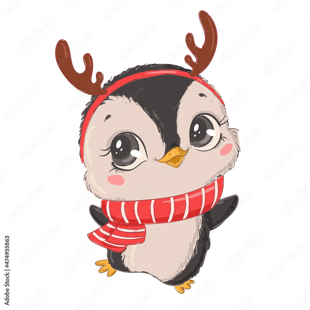 Illustration of a cute cartoon Christmas penguin isolated on a white  background. Cute cartoon Christmas animals. Stock Vector | Adobe Stock