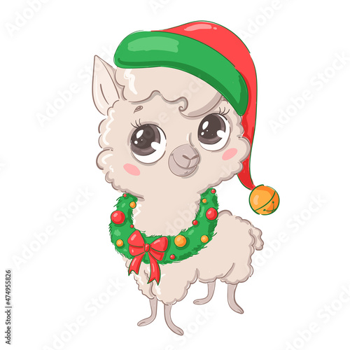 Illustration of a cute cartoon Christmas llama isolated on a white background. Cute cartoon Christmas animals.