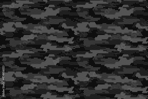 Camouflage vector seamless digital pattern, trendy modern hexagonal background, dark texture for textiles
