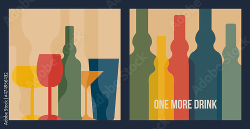 Outline wine bottles and glasses a light background. Silhouettes in overprint style. Flat minimalistic design. Alcohol vector background.