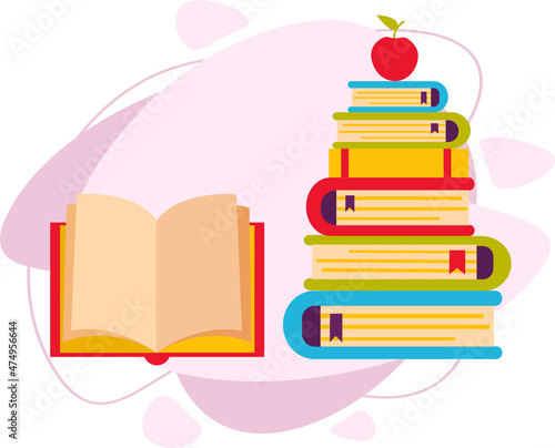Wallpaper Mural A stack of colorful books, with an apple and an open book. Vector flat illustration. Torontodigital.ca