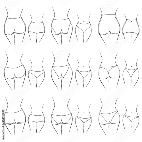 Illustration of the design and variety of women's panties. Hand-drawn lingerie models. Panties are classified into various styles based on criteria.