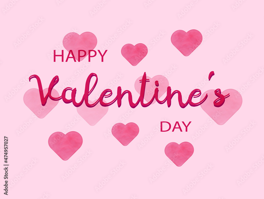 Happy Valentine's Day greeting card. Pink greeting card with hearts on pink background. 