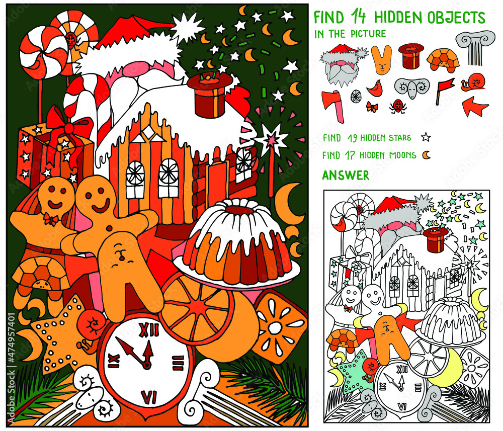 Find hidden objects. Christmas puzzle for kids. Santa Claus, gingerbread  house, Ginger man, cookies, tree, stars, clock, candies for celebration.  Educational game . Stock Vector | Adobe Stock