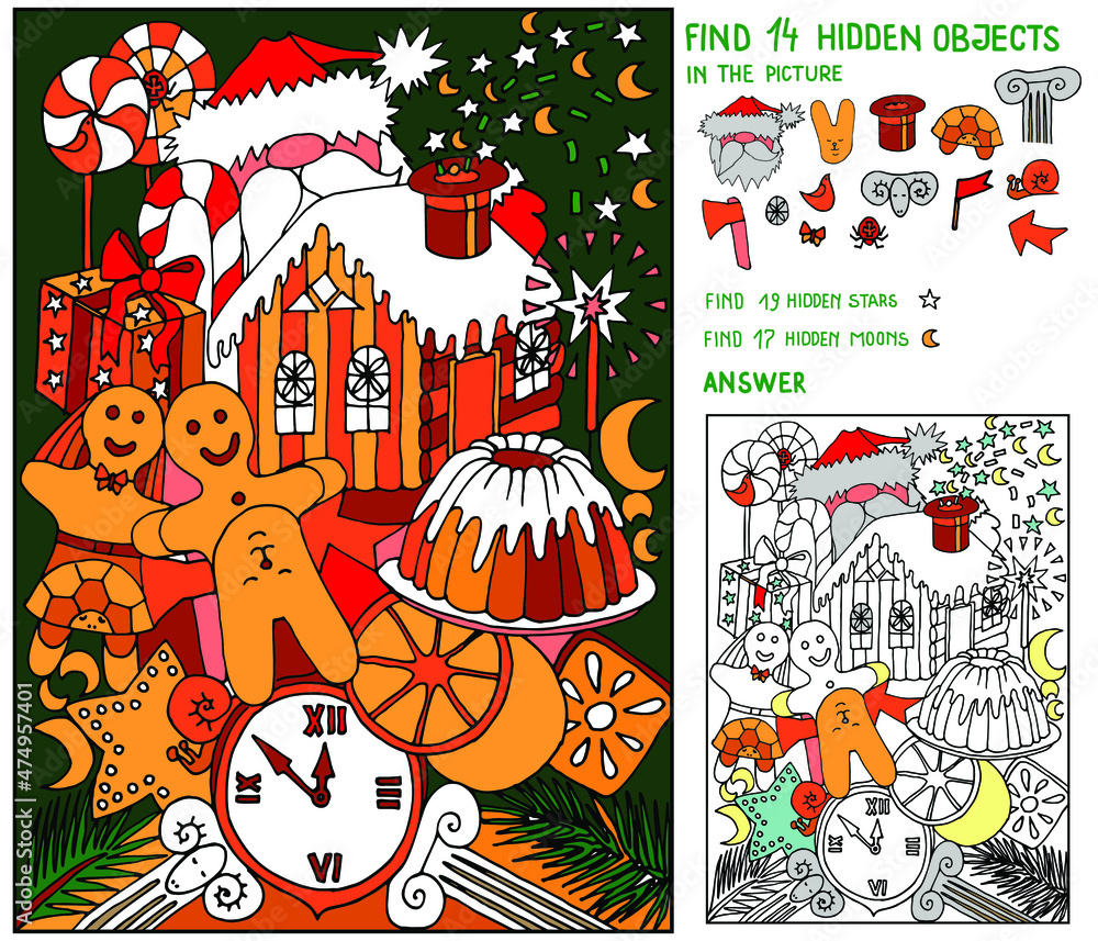 Stockvector Find hidden objects. Christmas puzzle for kids. Santa