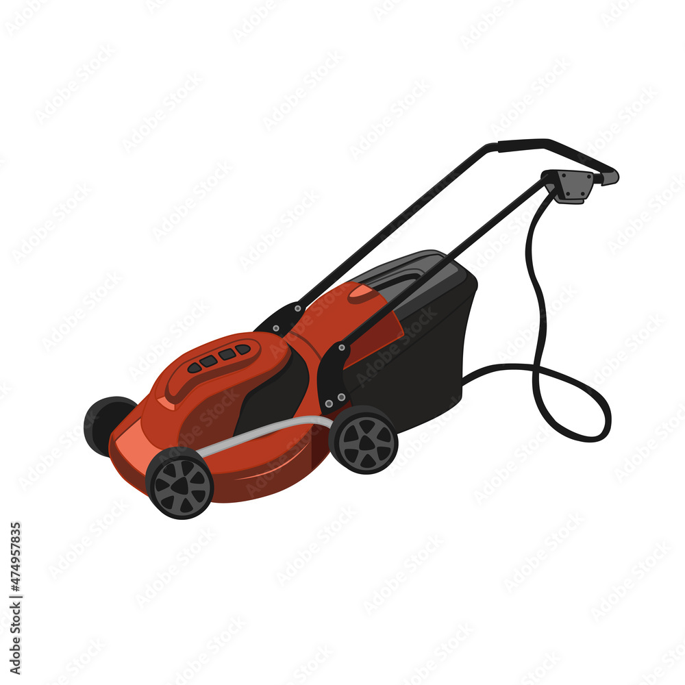 Realistic vector image of a red lawn mower isolated on a white background. Lawn and flower beds maintenance, gardening.