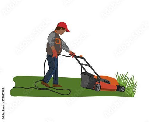 Vector illustration of a male gardener with a lawn mower isolated on a white background. Gardening and lawn care equipment.