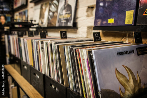 Vinyl shop in Kiev, Ukraine. Collection of LP vinyl records for sale in music shop in Kiev, Ukraine photo