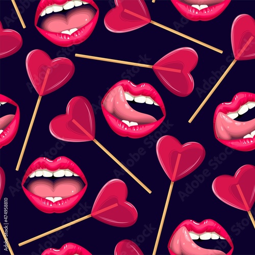 Vector seamless pattern with lips and lollipops