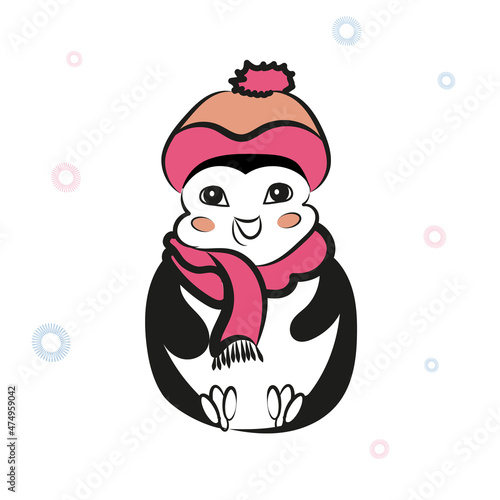 Cute little penguin in a hat and scarf, with snowflakes on the background. Flat style vector illustration for children.