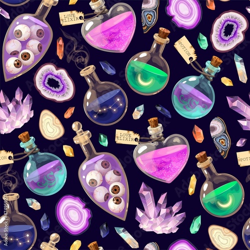 Magic seamless pattern with potions and crystals