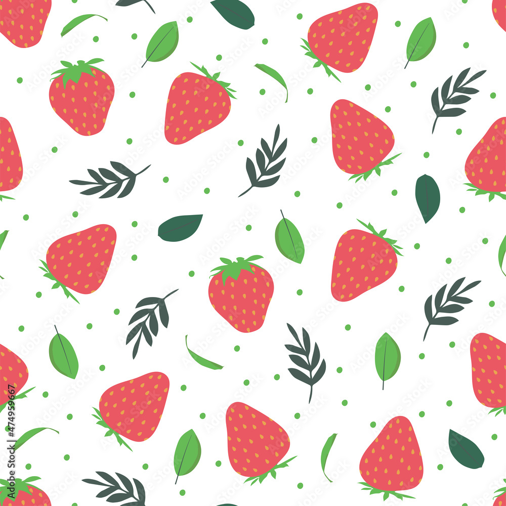 Strawberry with leaves vector pattern background. Fruit illustration isolated on white background. Seamless background with red strawberries for wrapping paper, wallpaper Strawberry with leaves vector pattern background. Fruit illustration isolated on white background. Seamless background with red strawberries for wrapping paper, wallpaper