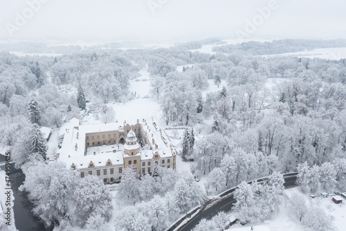 Castolovice Castle, Czech Republic. Christmas, winter time, first snow, aerial view