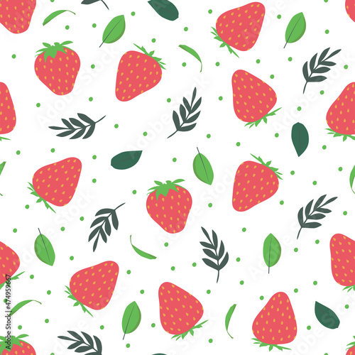 Strawberry with leaves vector pattern background. Fruit illustration isolated on white background. Seamless background with red strawberries for wrapping paper  wallpaper