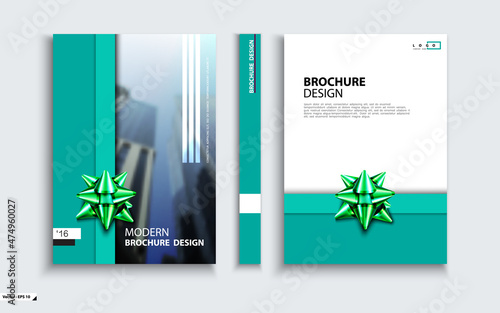 Business cover design, green bow, ribbon, white, holiday gift. Abstract brochure layout template. Title page, set. Geometric stripes, booklet layout. Logo, annual report. Use of flyers, text, font