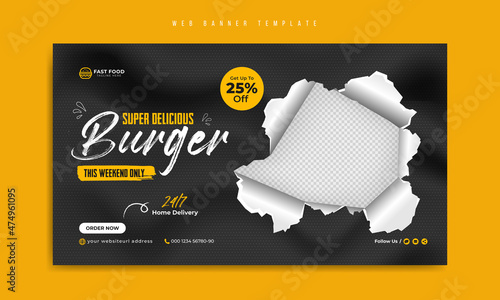 Fast food restaurant menu social media marketing web banner template design with abstract background, logo and icon. Burger, hamburger & pizza online sale business promotion modern flyer & cover.     
