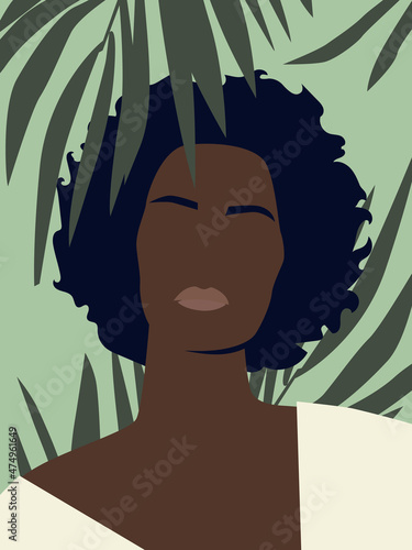 Portrait of black woman face, no eyes, clean face. Palm leaves on the background. Vector illustration.
