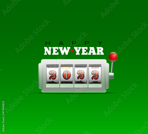 2022 Happy New Year casino style greeting card with slot machine. Merry Christmas Xmas pokies, slot machine design banner. New year 2022 gambling party green color poster with puggy one-armed bandit