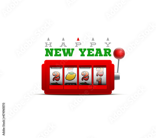 2022 Happy New Year casino greeting card with slot machine. Merry Christmas Xmas slot machine design banner. New year 2022 gambling party red color poster with puggy one-armed bandit isolated on white