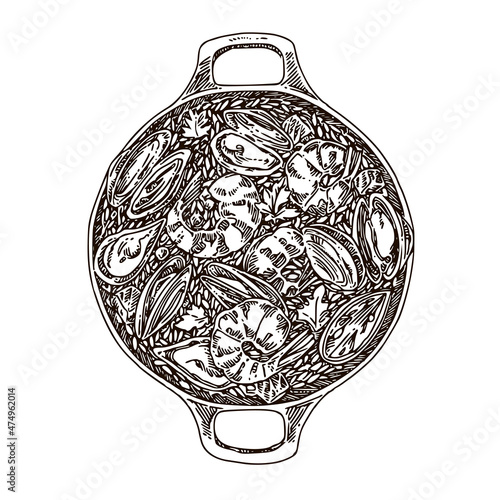 Paella with seafood in a saucepan. Sketch. Engraving style. Vector illustration.
