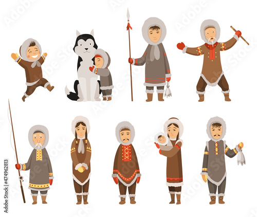 Polar eskimo characters. Indigenous people wearing traditional warm clothes. Group of different traditional ethnic persons