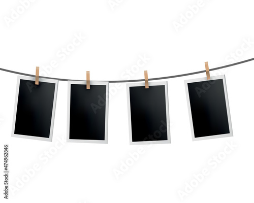 Photo frames hanged on rope. Retro instant photos on thread. Card frame image mockup, vector set. Icon design template. Remember the moment