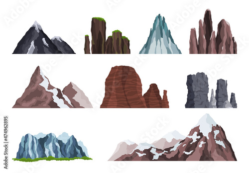 Nature mountain landscape set. Variety of rocky massif vector Illustrations. Tops outdoor, winter peaks, hilltop with trees, hiking mountain valley